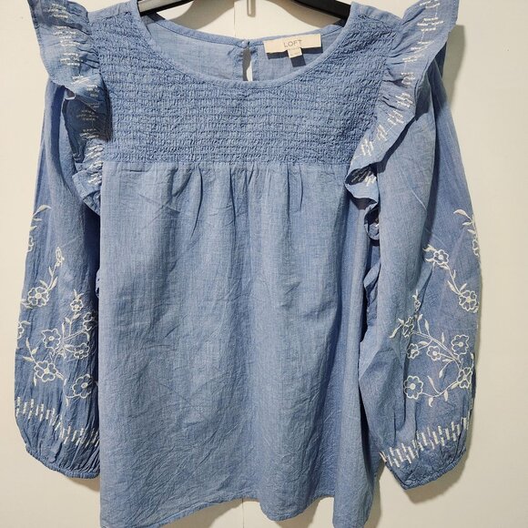 LOFT Tops - LOFT Blue Embroidered Blouse